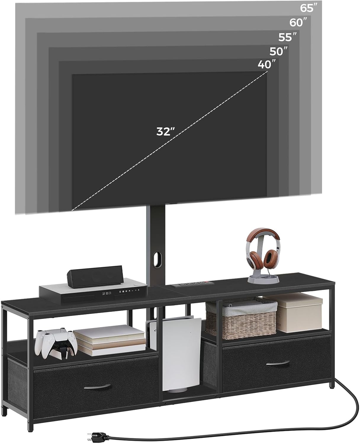 TV Stand with Mount for up to 65", Entertainment Center with Switch-Controlled Charging Station, Swivel TV Stand Mount with Fabric Drawers, for Living Room, Black TVBK154E01