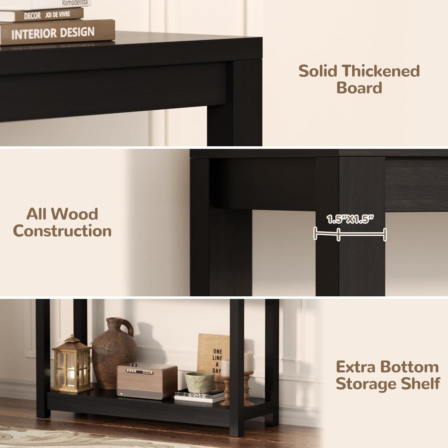 Small Farmhouse Wood Entryway Table Narrow Console Table with Storage Behind Couch Sofa Table with Shelves Entry Way Table with Open Storage, Easy Assembly, 32" Embossed Wood Grain Black