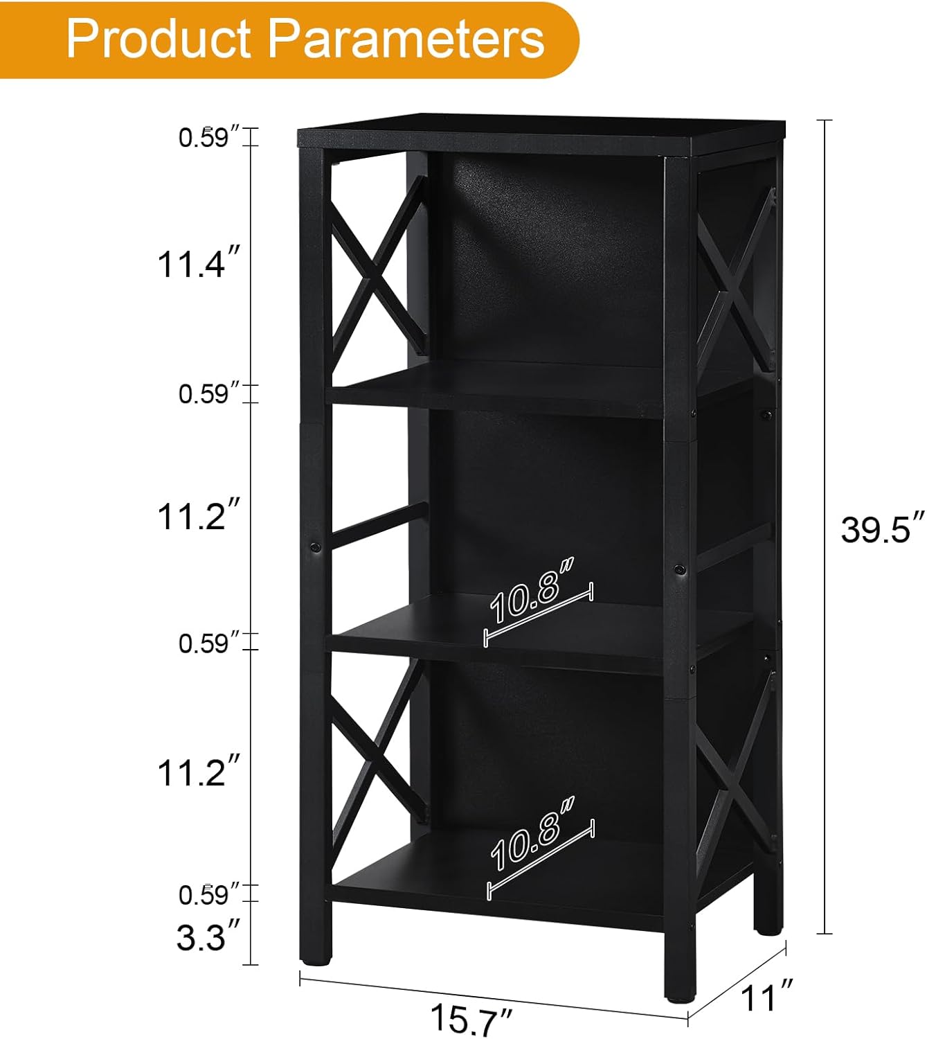 Small Bookshelf,4 Tier Industrial Bookcase with Metal Frame and Backboard,Narrow Black Book Shelf,Office Book case for Small Spaces,Living Room,Bedroom and Home Office