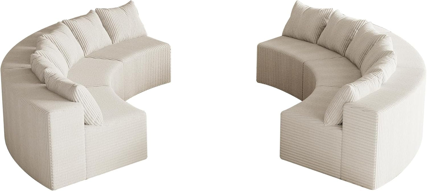 KEIKI Corduroy Curved Sectional Sofa, 6 Seater Symmetrical Modular Semi Circular Couch, Deep Seat Tufted Corner Sofa for Living Room, Lobby, Beige