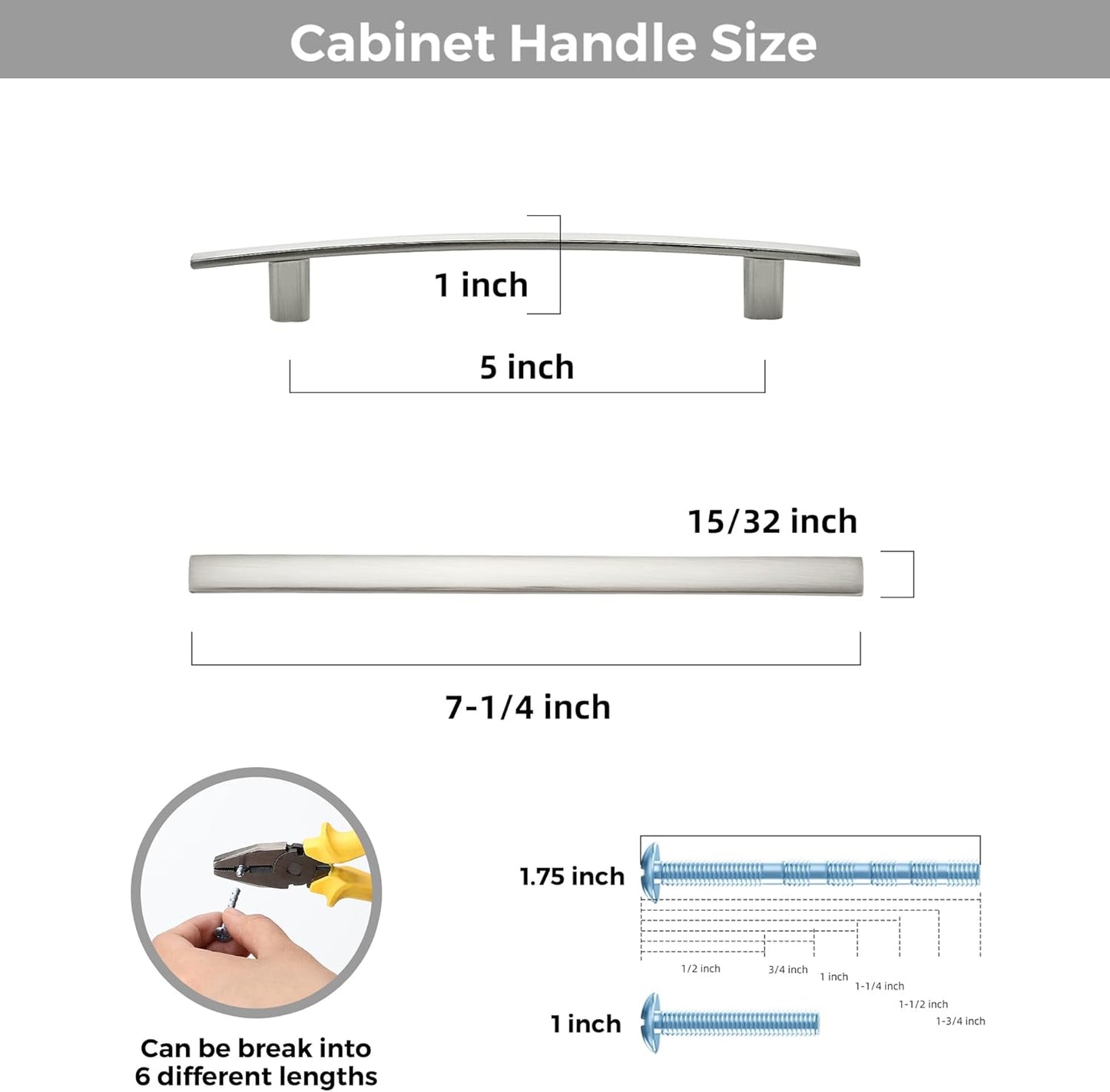 15 Pack Cabinet Handles 5" Hole Center - Curved Cabinet Pulls Brushed Nickel Drawer Pulls for Kitchen Cupboard Solid Hardware for Dresser Drawer Arch Hardware