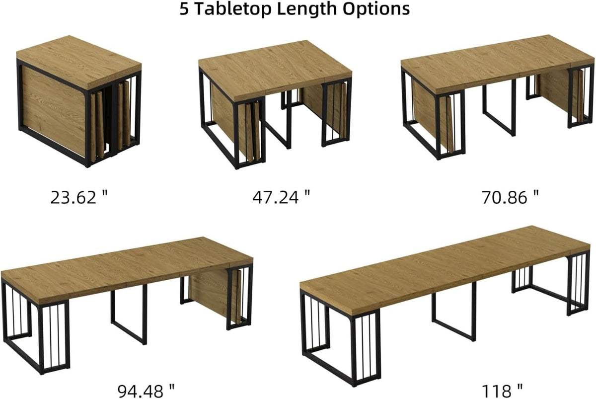 KEIKI 23.62" - 118" L Extendable Foldable Dining Room Table for 2-10 People, Wood Modern Rustic Rectangle Expandable Kitchen Living Meeting Room Furniture, 5 Tabletop Length Options