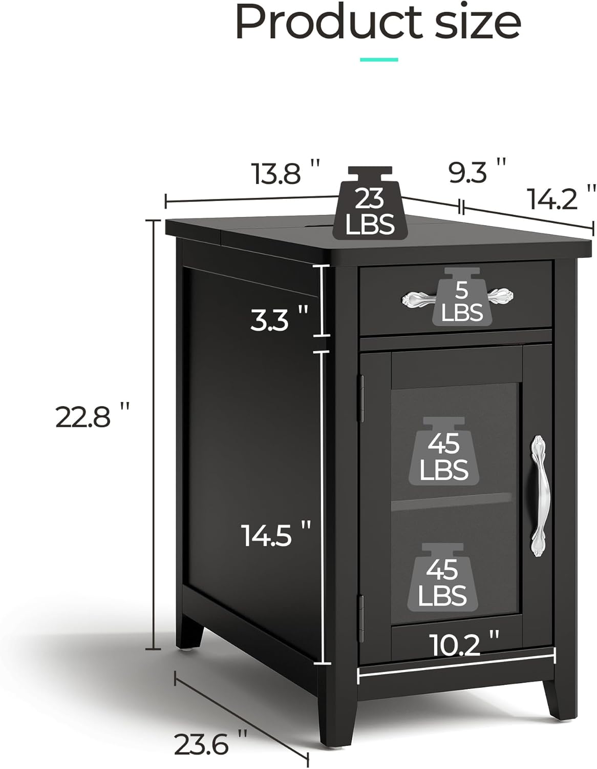 LINSY HOME End Table Set of 2 with Charging Station, Modern Farmhouse Side Table with Drawer, Wooden Narrow Bedside Table for Living Room, Slim Nightstand with Storage Cabinet, Black, Glass Door