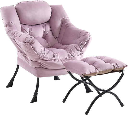 Lazy Chair and Ottoman, Large Accent Lounge Chair with Armrests and a Side Pocket, Modern Leisure Upholstered Sofa Reading Armchair with Footrest for Bedroom, Living Room, Dorm Rooms, Office