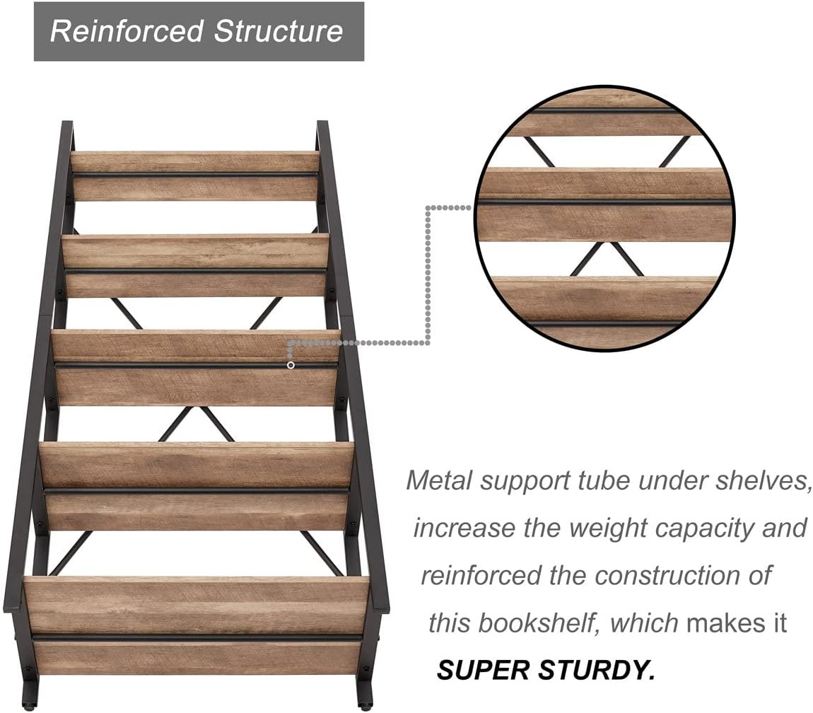 BON AUGURE Industrial 5 Tier Ladder Bookshelf, Wood and Metal Ladder Shelf Bookcase, Farmhouse Leaning Shelves for Living Room (Vintage Oak)