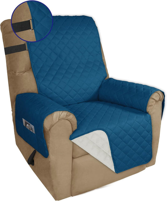 PureFit Reversible Sofa Cover Water Resistant Recliner Couch Cover, Machine Washable Furniture Cover with Adjustable Strap for Dogs, Pets (Recliner, Peacock Blue/Ivory)