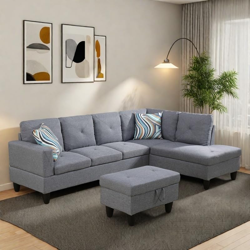 NAYSAYE L Shaped Couch, Modular Sectional Couch with Ottoman Storage, Modern Lounge Sofa Convertible Sectional Couches for Living Room, Apartment, Grey