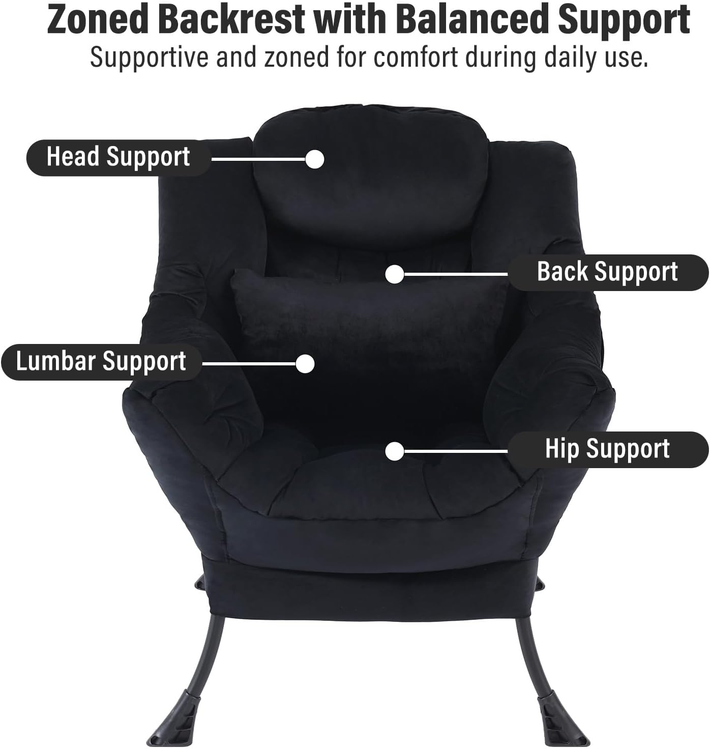 Lazy Chair with Ottoman, Modern Accent Chair with Lumbar Pillow, Comfy Chairs with Folding Footrest for Bedroom, Reading, Oversized Supportive Lounge Chairs(Velvet Black)