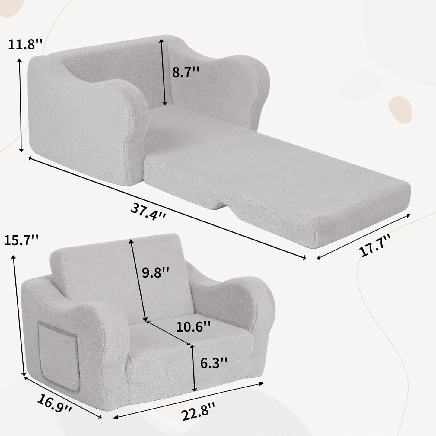 Comfy Toddler Chair, 2-in-1 Toddler Couch Fold Out, Convertible Sherpa Sofa to Lounger for Boys & Girls, Grey