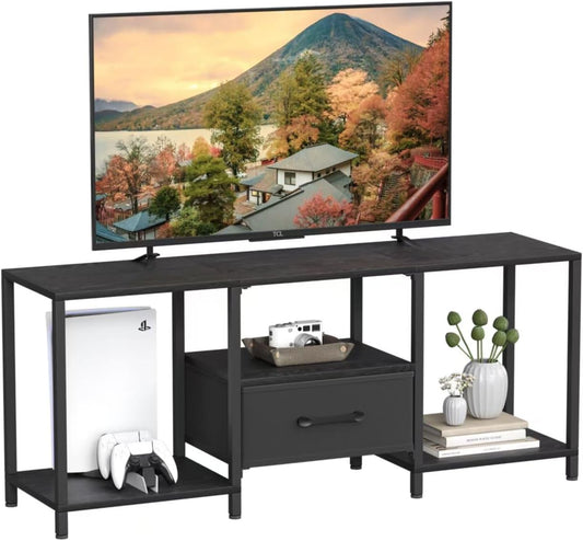 TV Stand with Fabric Drawer for 55 Inch TV, Entertainment Center with Open Shelves, Media TV Console Table for Living Room, Bedroom, Black