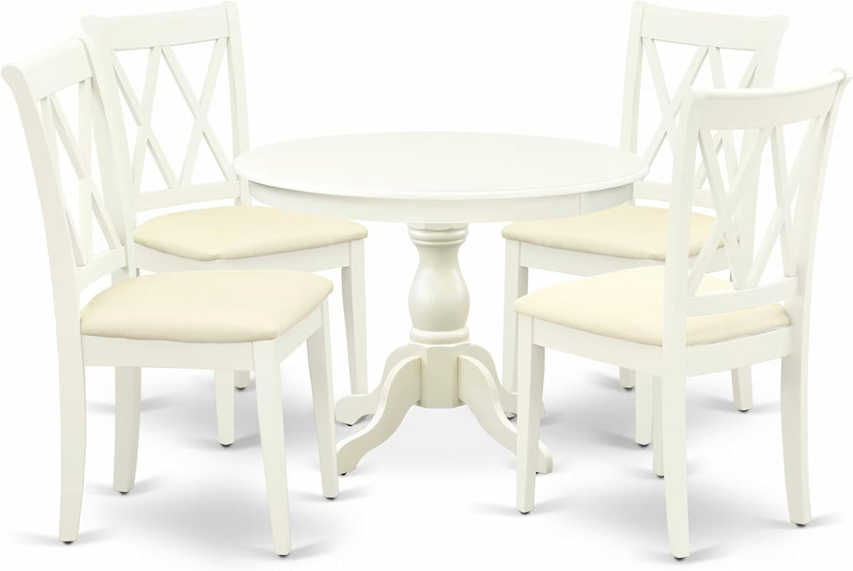 East West Furniture HBCL5-LWH-C 5 Piece Dining Table Set for 4 Includes a Round Kitchen Table with Pedestal and 4 Linen Fabric Dining Room Chairs, 42x42 Inch, Linen White