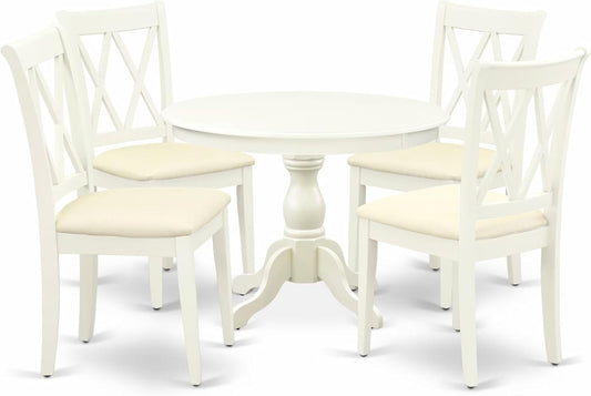 East West Furniture HBCL5-LWH-C 5 Piece Dining Table Set for 4 Includes a Round Kitchen Table with Pedestal and 4 Linen Fabric Dining Room Chairs, 42x42 Inch, Linen White