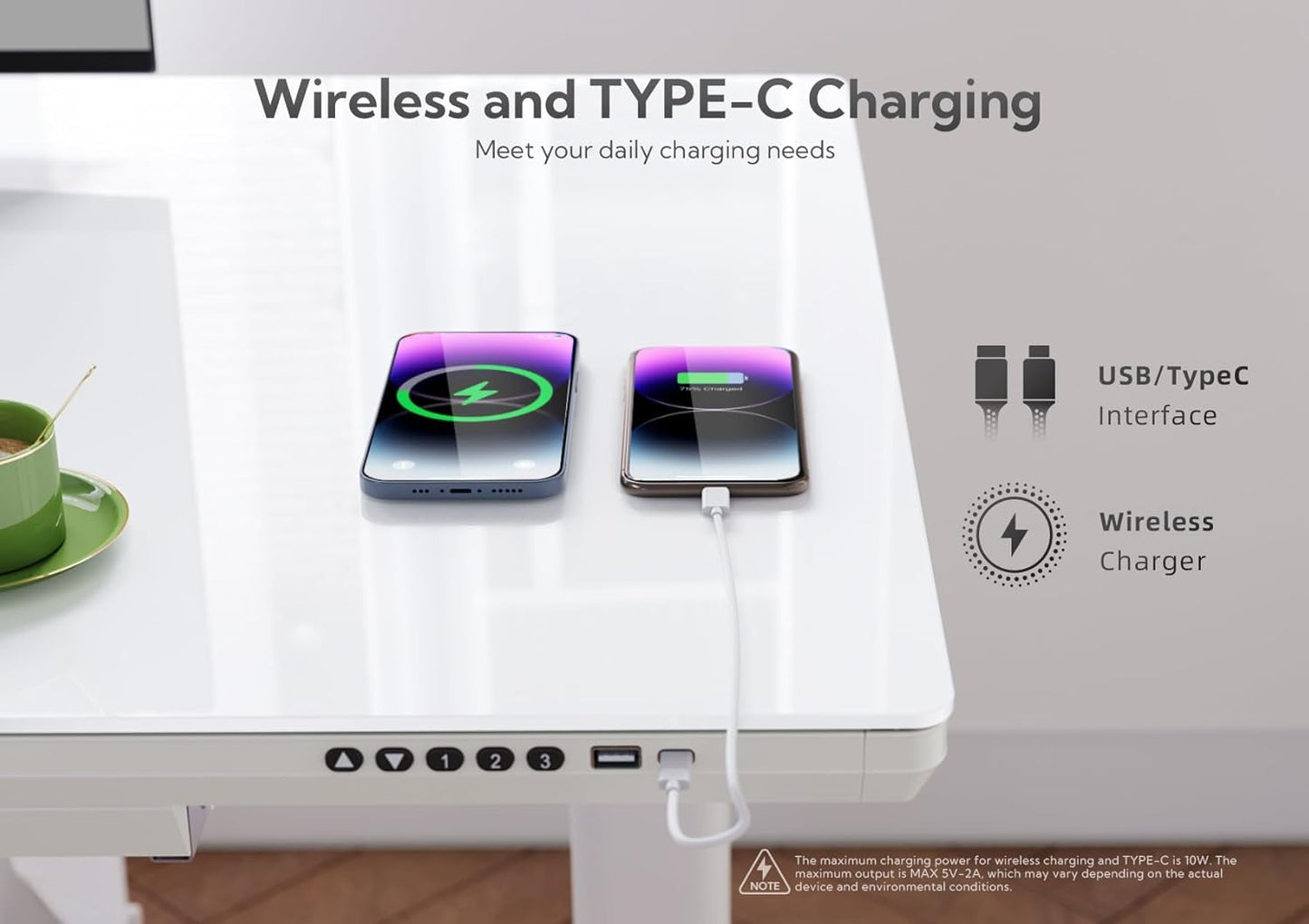 INNOVAR Wireless Charging Glass Standing Desk with Drawers, Adjustable Height Stand Up Desk, Electric Standing Desk with Storage, 55 inch, Super White