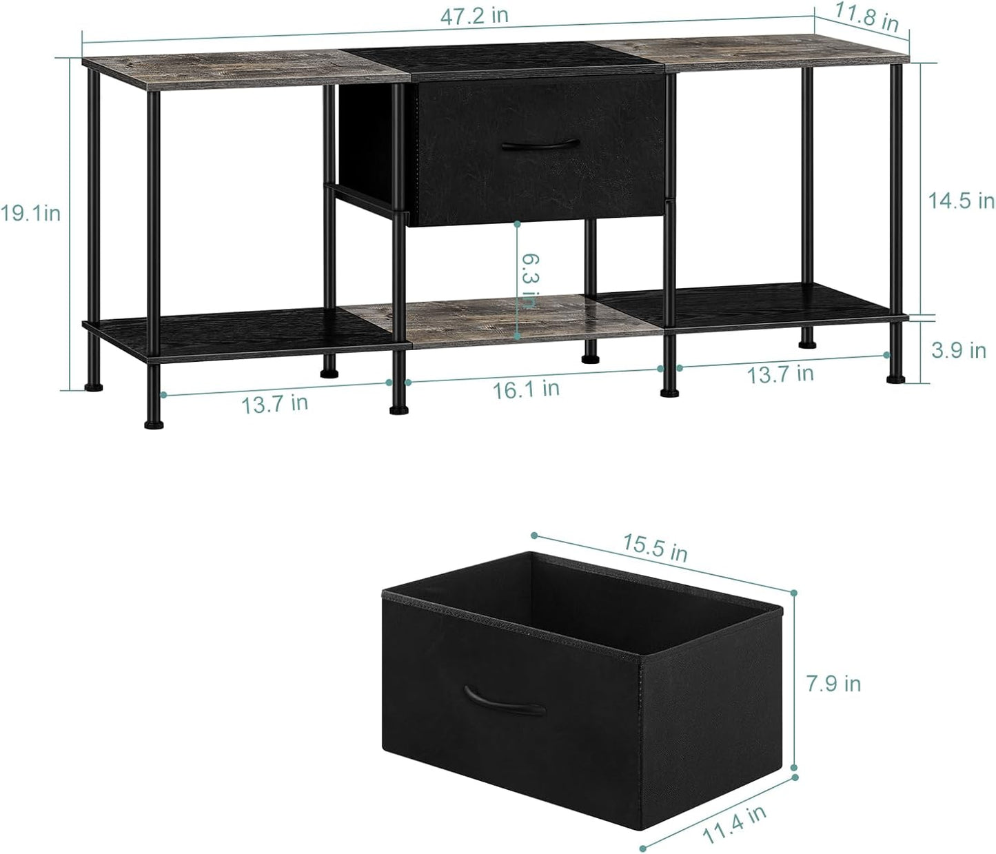 Vrisa TV Stand for 50/55 inch Television Entertainment Center with Storage Fabric Cabinet and Shelves Modern TV Console for Living Room Bedroom, Black+Grey