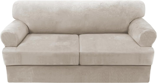 H.VERSAILTEX Sofa Cover 3 Piece T Cushion Sofa Slipcovers Thick Velvet Couch Cover Stretch T Cushion Sofa Covers for 2 Cushion Couch with 2 Individual T Cushion Covers Washable, Oatmeal