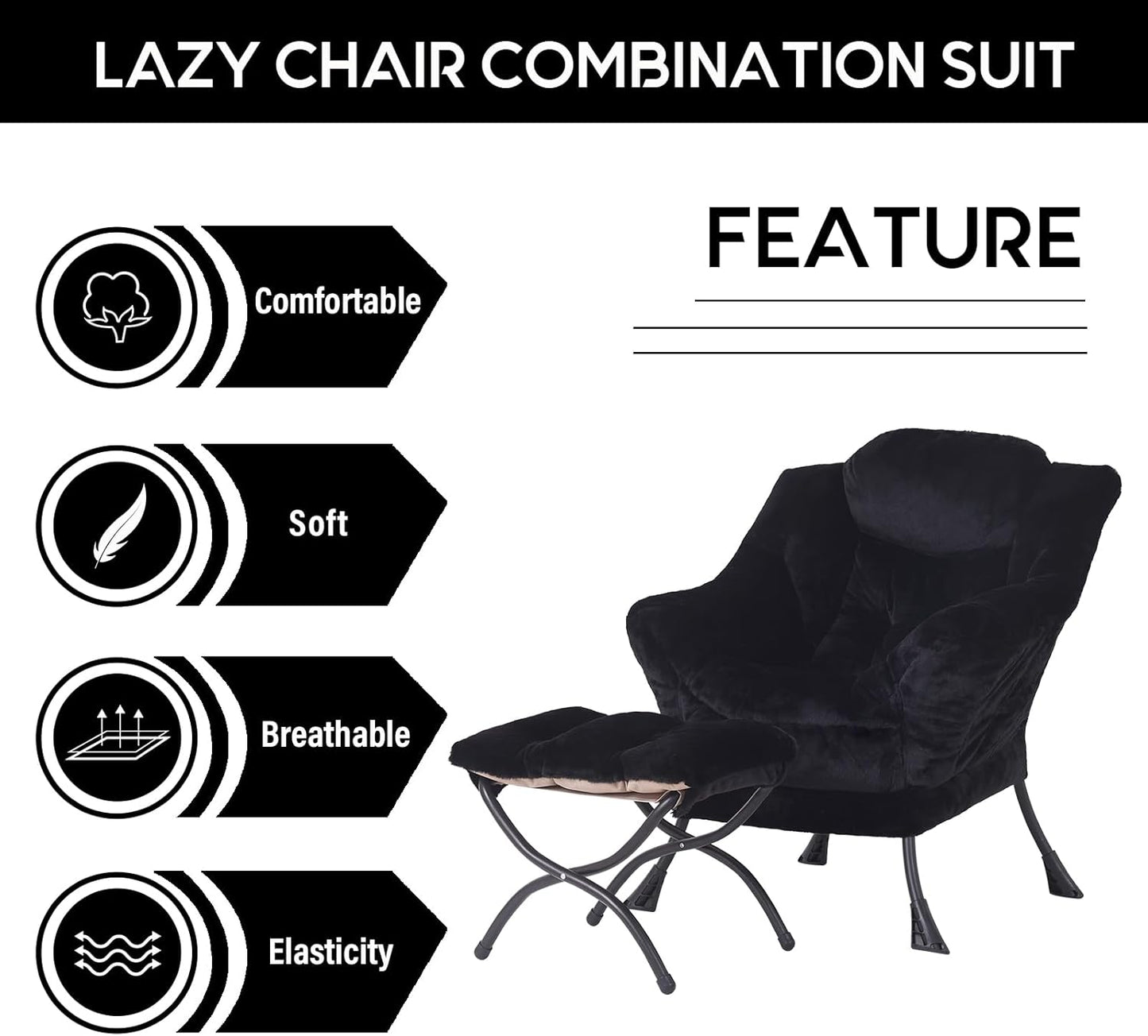 LITA Lazy Chair with Ottoman, Modern Accent Leisure Upholstered Sofa Chair, Lounge Reading Chair with Armrests and a Side Pocket for Living Room, Bedroom & Small Space, Plush Black