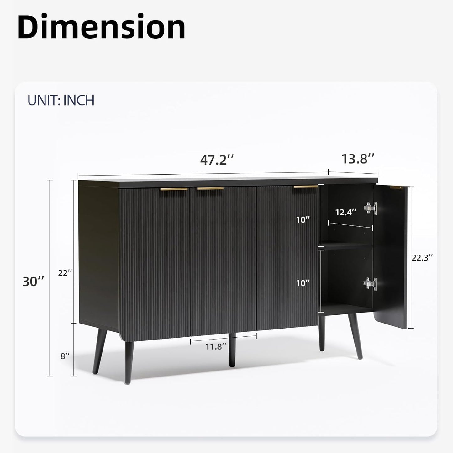Buffet Cabinet with Storage, Fluted Multifunctional Storage Cabinet with 4 Doors, Modern Sideboard Buffet Credenzas for Living Room, Entryway, Hallway, Black
