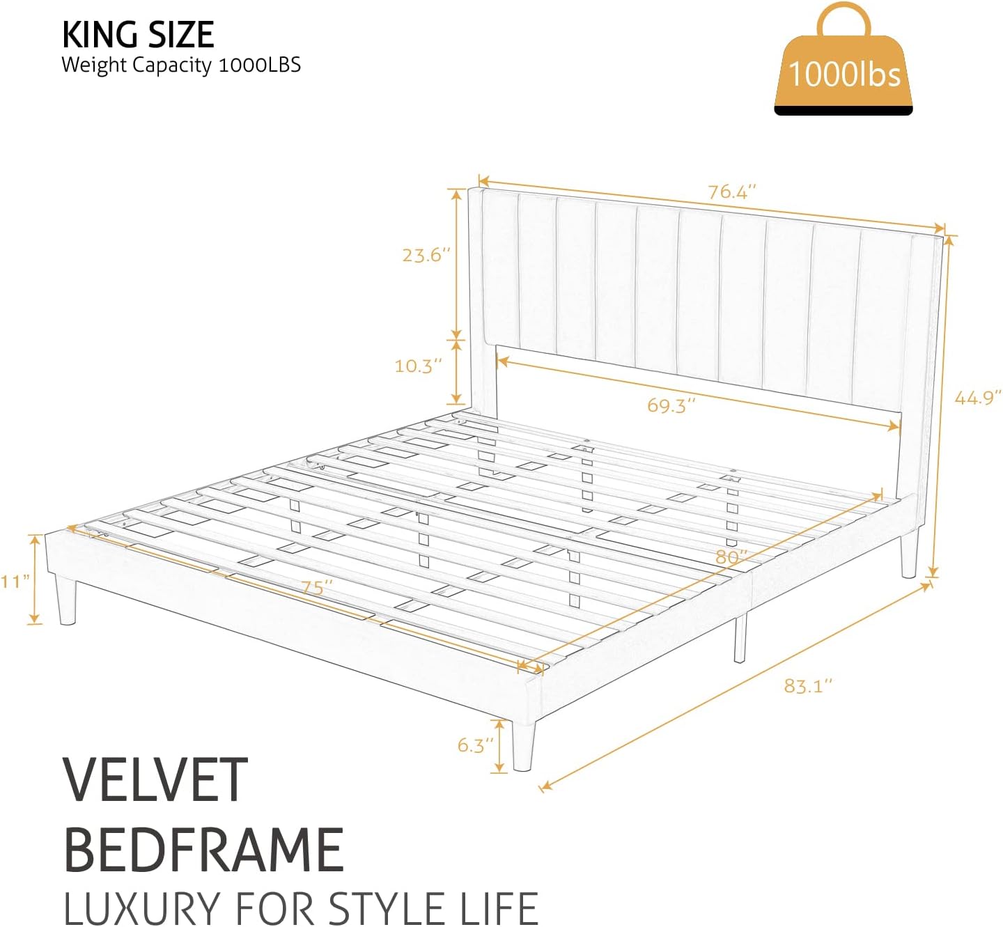 SHA CERLIN King Bed Frame/Velvet Upholstered Platform Bed Frame with Headboard/Strong Wood Slats Support/Mattress Foundation/No Box Spring Needed - Dark Blue