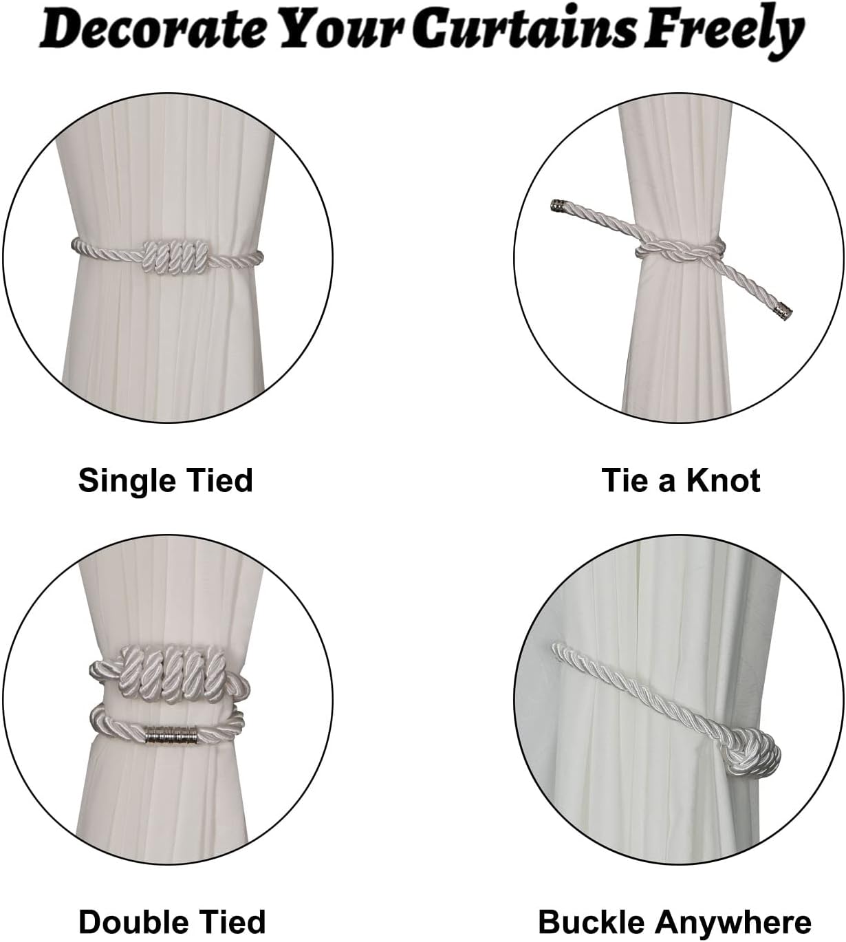 BEL AVENIR Magnetic Curtain Tiebacks, Decorative Drapery Holdbacks Modern Woven Tie-Backs with Exquisite Knot (White, 2 Pack)