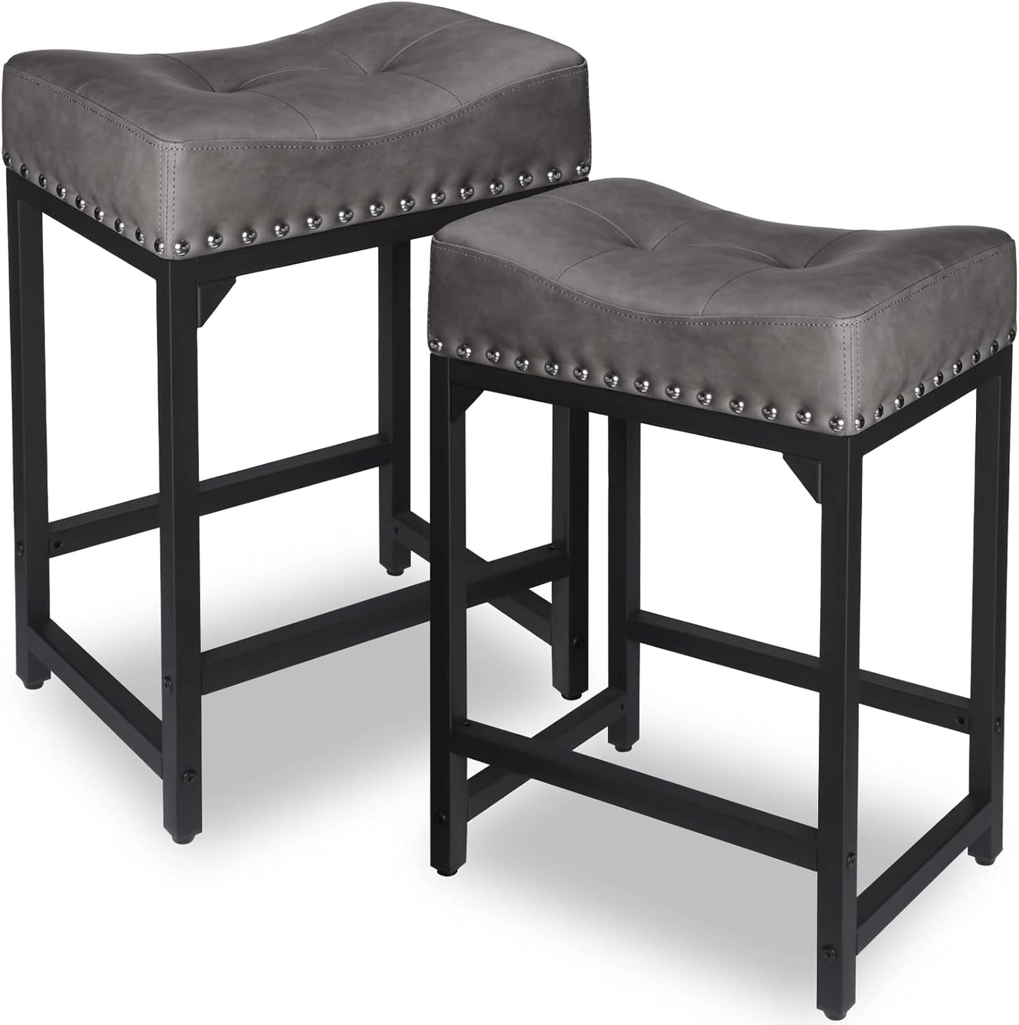 Counter Height Bar Stools Set of 2, Bar Stools for Kitchen Counter, 24 Inch Counter Stools Saddle Barstools with Metal Base for Pub, Bar, Kitchen Dining Room(Grey)