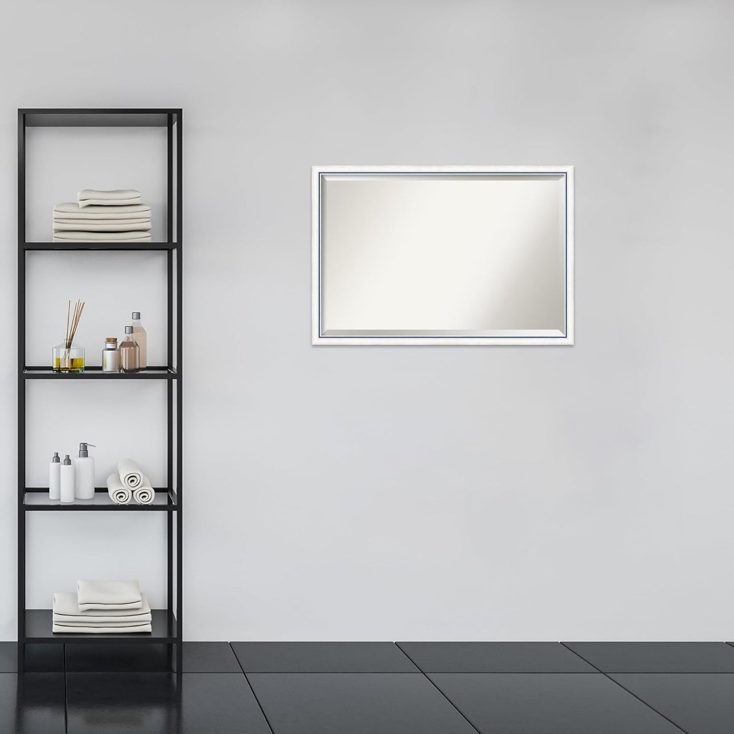 Amanti Art White Bathroom Mirror for Over Sink, 26x38 Morgan White Blue Rectangle Vanity Mirror, Large Modern Contemporary Wood Frame, Hangs Horizonally and Vertically, Bathroom Wall Decor, Beveled