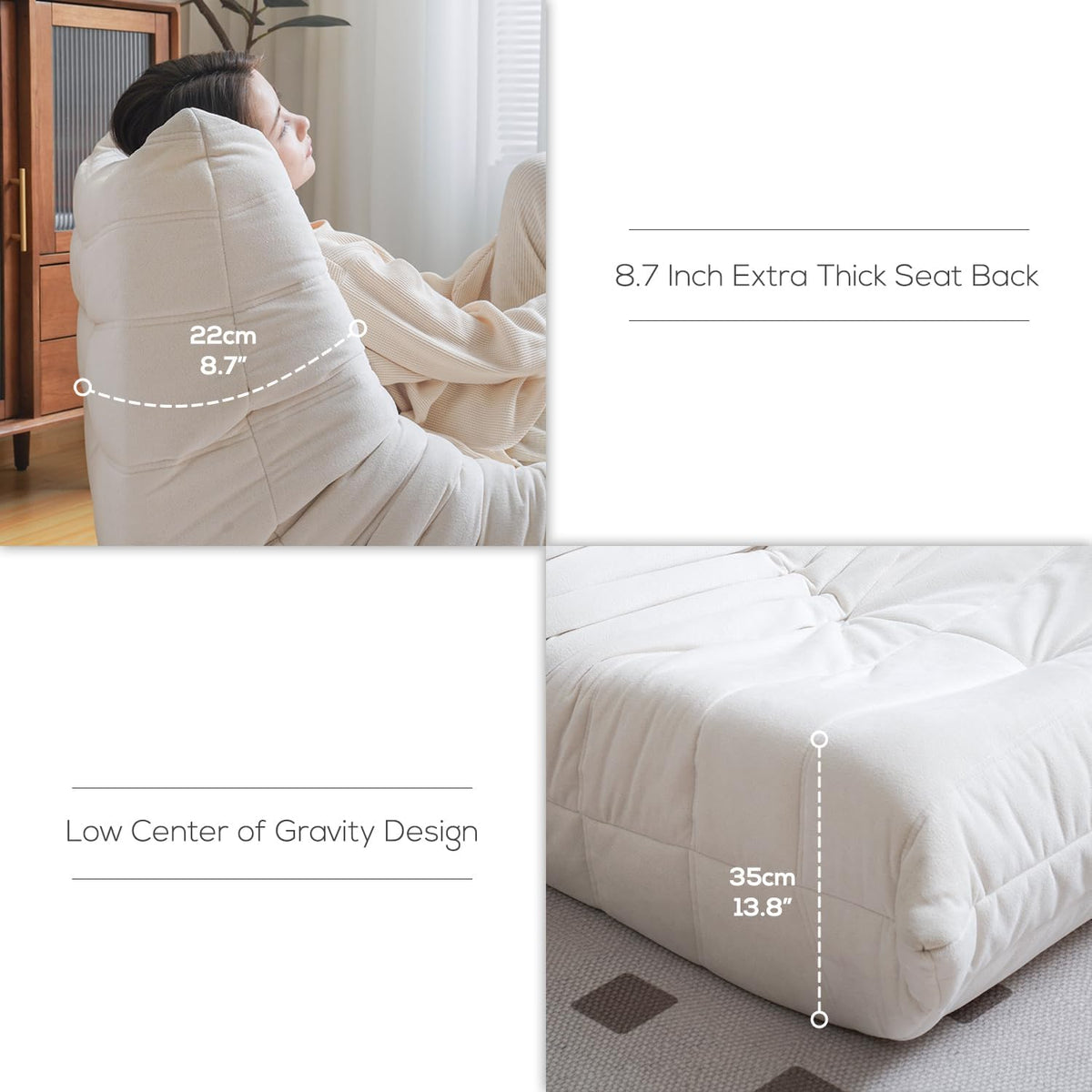N&V Fireside Chair, Mid Century Armless Floor Sofa, Soft Premium Microfiber Floor Lounge Chair, Foam Sofa Accent Chair for Living Room Bedroom and Office (Ivory, Three Seater)