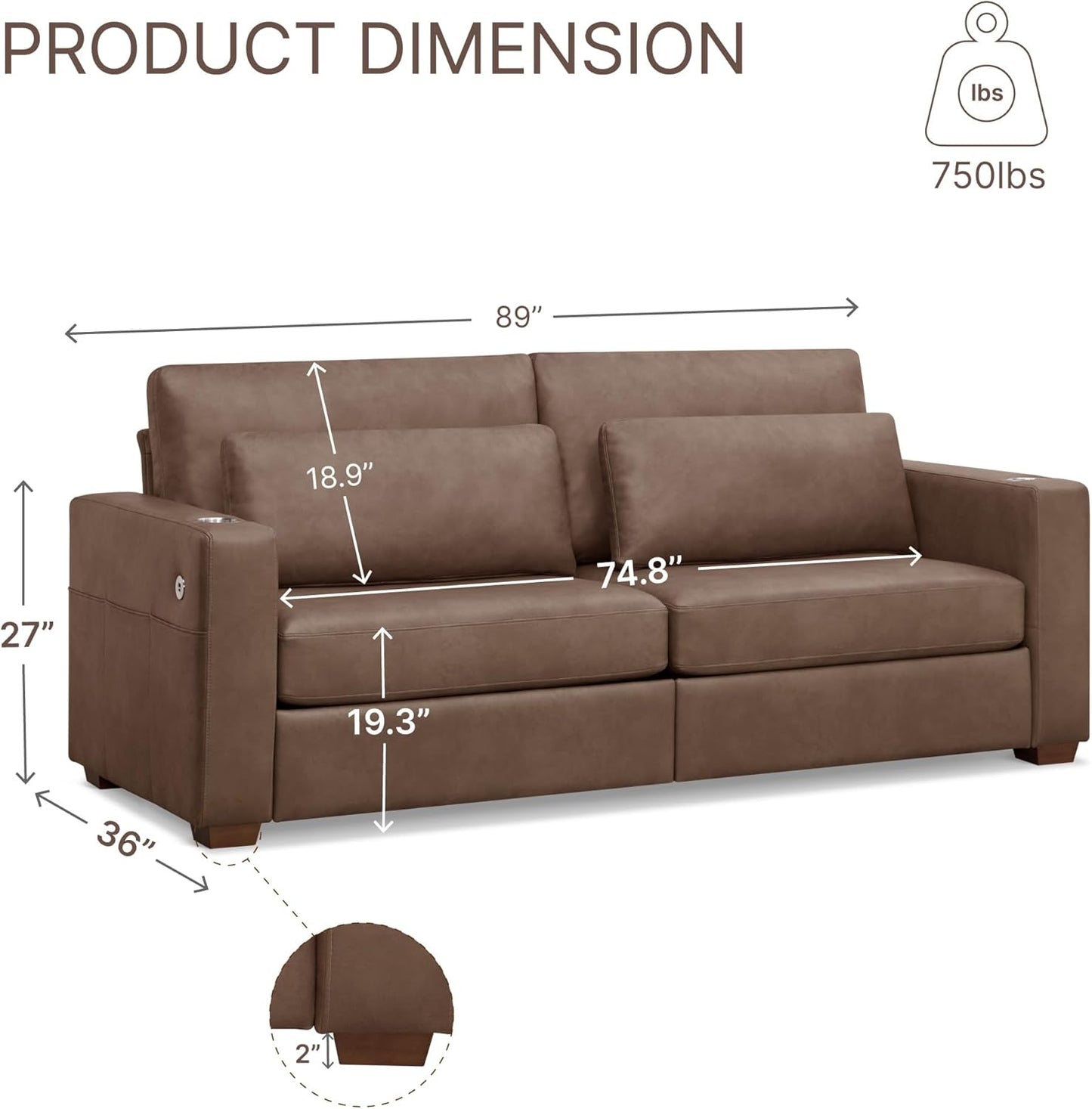 89" Sofa Couch for Living Room Faux Leather Upholstered Couch with Deep Seats and Wide Armrests 3 Seater Comfy Sofa with Cup Holders, USB & Type-C Ports, Spring Cushion, Solid Wood Frame Brown