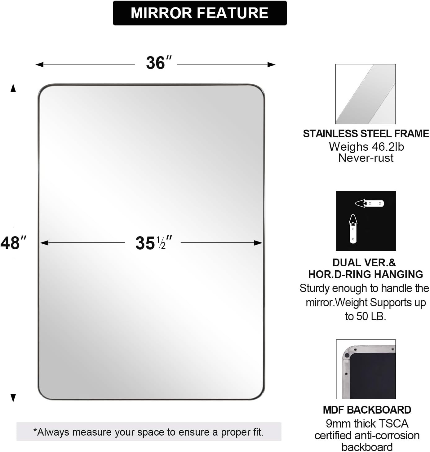 ANDY STAR 36"x48"Chrome Bathroom Mirror, Large Wall Mirror for Bathroom, Rounded Rectangle Mirror in Premium Stainless Steel Metal Frame Hangs Horizontal Or Vertical…