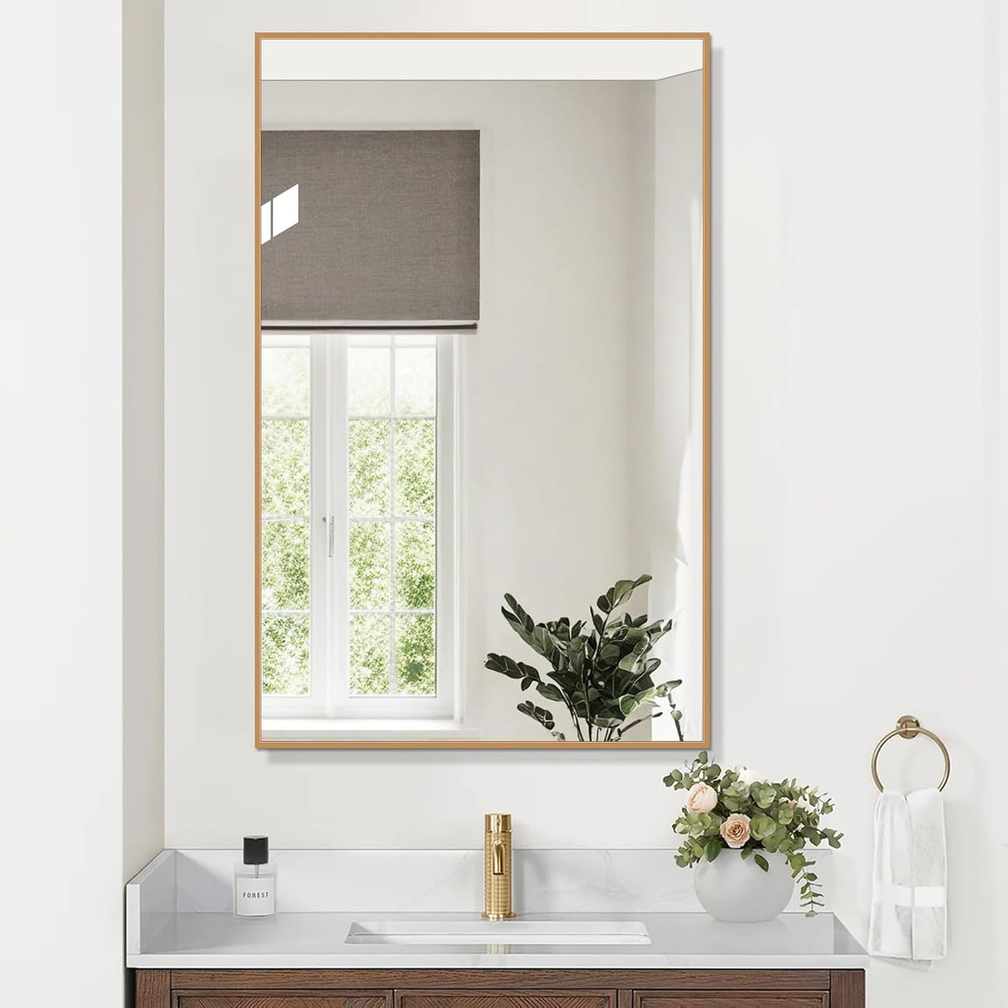 Golden Bathroom Mirror for Wall, Rectangle Mirrors with Metal Frame, Modern Vanity Wall Mirror Decor for Entryway Hangs, Bathroom Living Room Horizontal or Vertical (Golden, 48" L x 30" W)