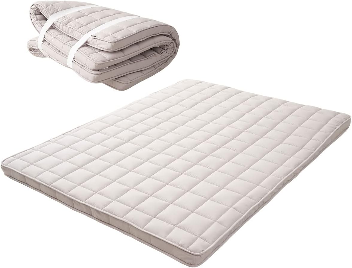EMOOR Japanese Padded Futon Mattress Machi King Gray, Gusset Foldable Storable Elastic Bands Floor Sleeping Guest Bed Tatami Mat