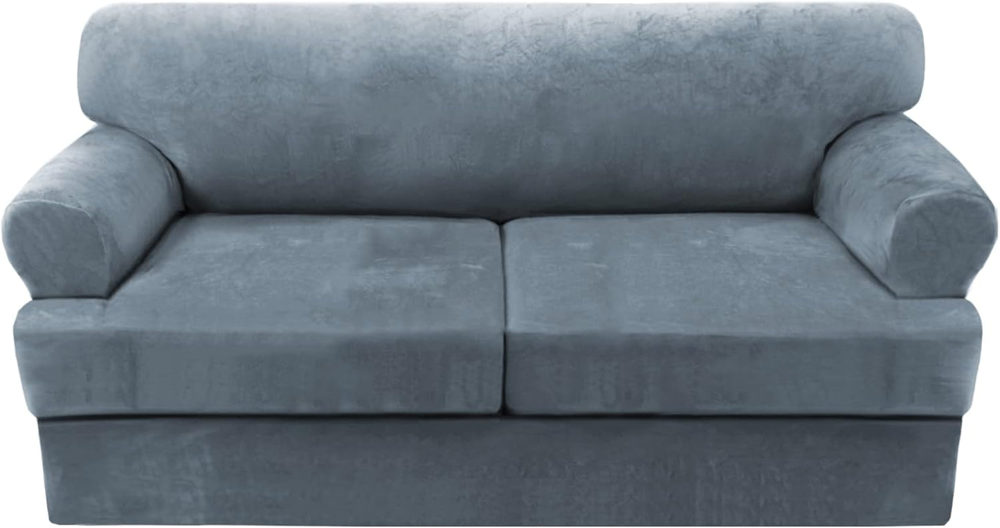 H.VERSAILTEX Sofa Cover 3 Piece Sofa Slipcovers Thick Velvet Couch Cover Furniture Protector Stretch Sofa Covers for 2 Cushion Couch with 2 Individual T Cushion Covers Washable, Stone Blue