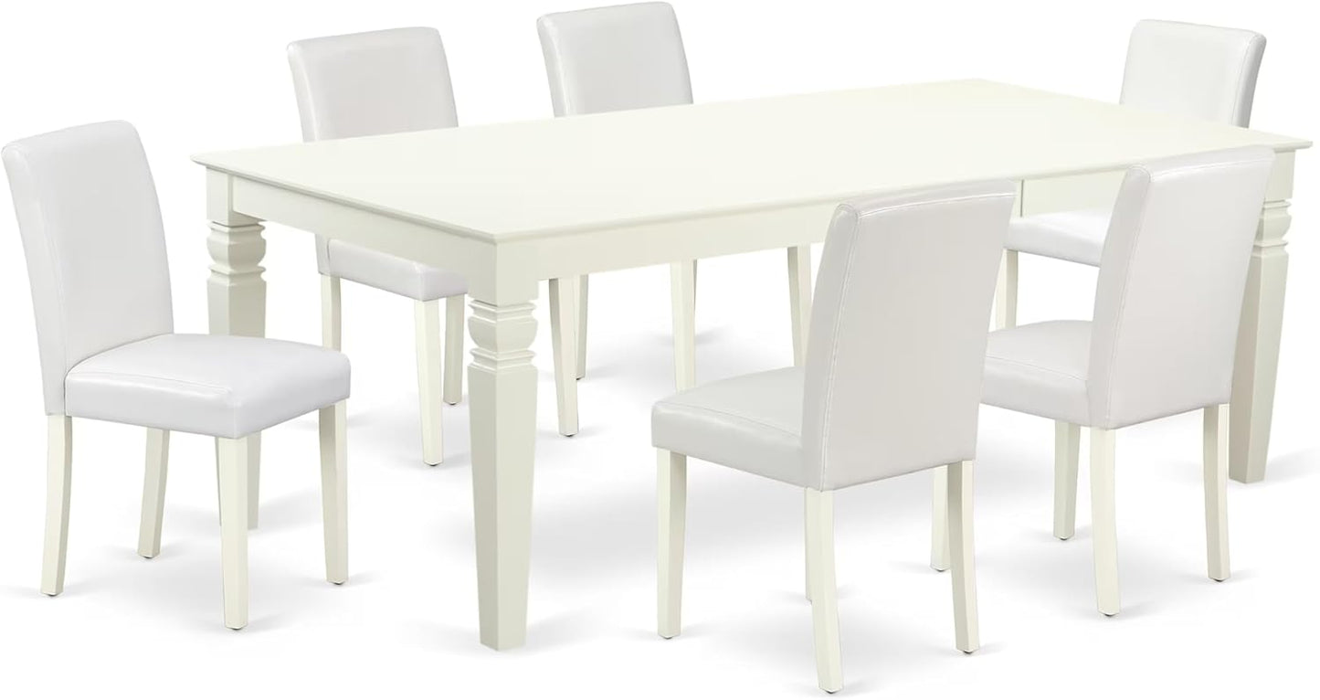East West Furniture LGAB7-LWH-64 7 Piece Modern Dining Table Set Consist of a Rectangle Wooden Table with Butterfly Leaf and 6 White Faux Leather Upholstered Chairs, 42x84 Inch, Linen White