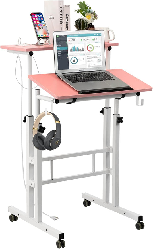 Hadulcet Mobile Standing Desk with Charging Station, Adjustable Standing Computer Desk, Standing Adjustable Laptop Cart with Wheels for Home Office Classroom, Pink