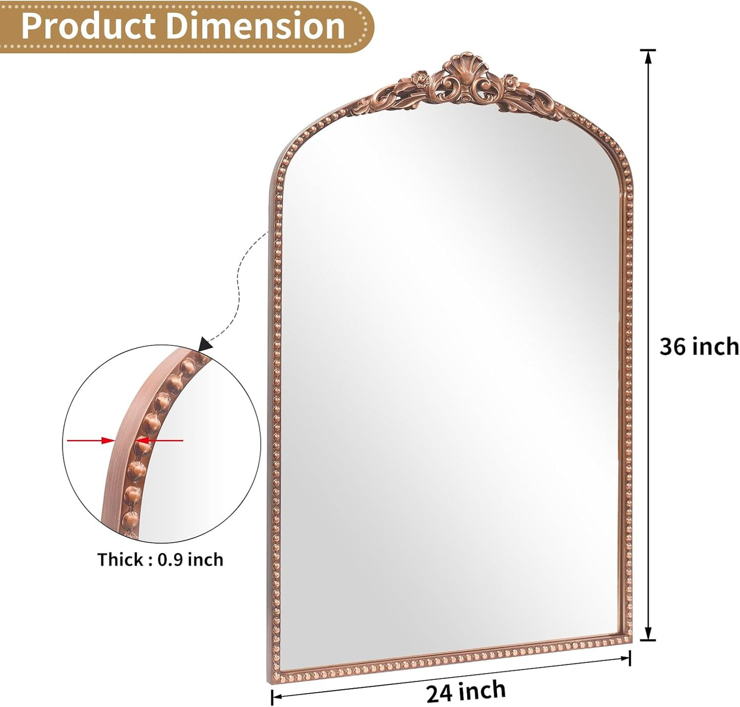 G-LEAF Vintage Baroque Mirror 24"X36", Arched Mantel Victorian Antique Farmhouse Mirror with Ornate Metal Frame for Fireplace Entryway Living Room Hallway Bathroom