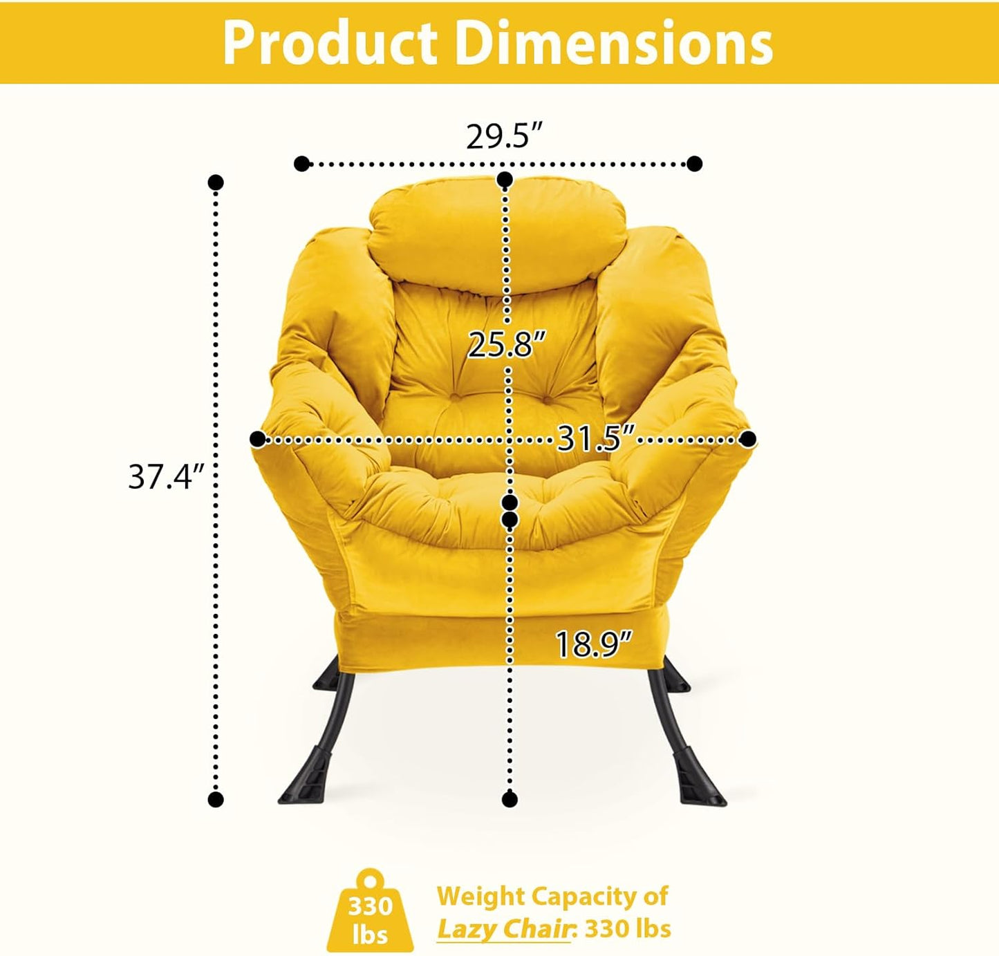Lazy Chair Thick Padded, Comfy Velvet Accent Lounge Chair with Stable Frame, Leisure Sofa Armchair with Armrests and Side Pocket, Reading Chair for Bedroom, Living Room, Office, Yellow