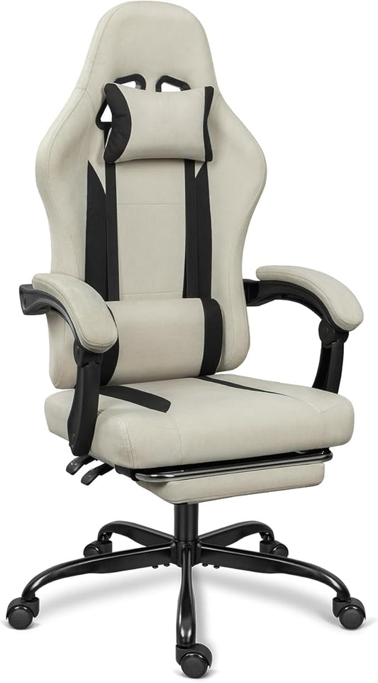 Breathable Fabric Gaming Chair with Footrest, Height Adjustable Game Chair, Video Gaming Chair for Gaming Room, Living Room and Office - Beige/Black