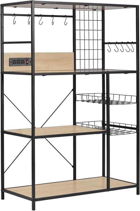 Bakers Rack with Power Outlet, Microwave Stand with Storage, Coffee Bar Organizer Cabinet with Wire Basket, Kitchen Shelf for Spices, 10 Hooks, Industrial, White Maple