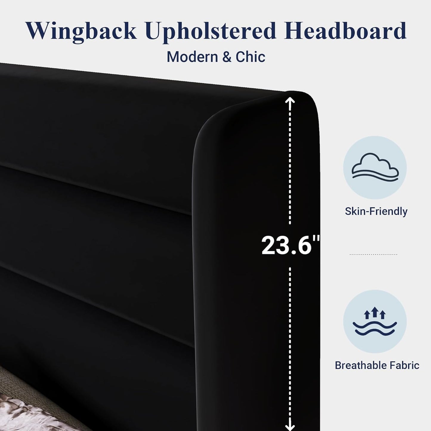 Allewie Full Size Platform Bed Frame with Velvet Upholstered Wingback Headboard, No Box Spring Needed, Under Bed Storage Space, Strong Wooden Slats, Modern Mattress Foundation, Easy Assembly, Black