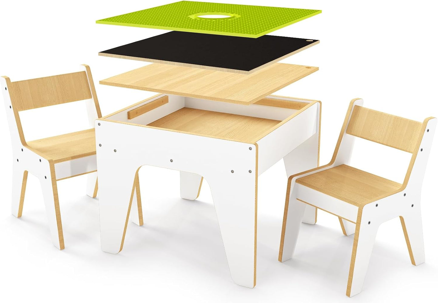wingyz 4-in-1 Toddler Table and Chairs Set, Kids Play Tables with Storage, Wooden Sensory Tables with Dual-Sided Blocking Baseplate, Baby Activity Table with Chalkboard