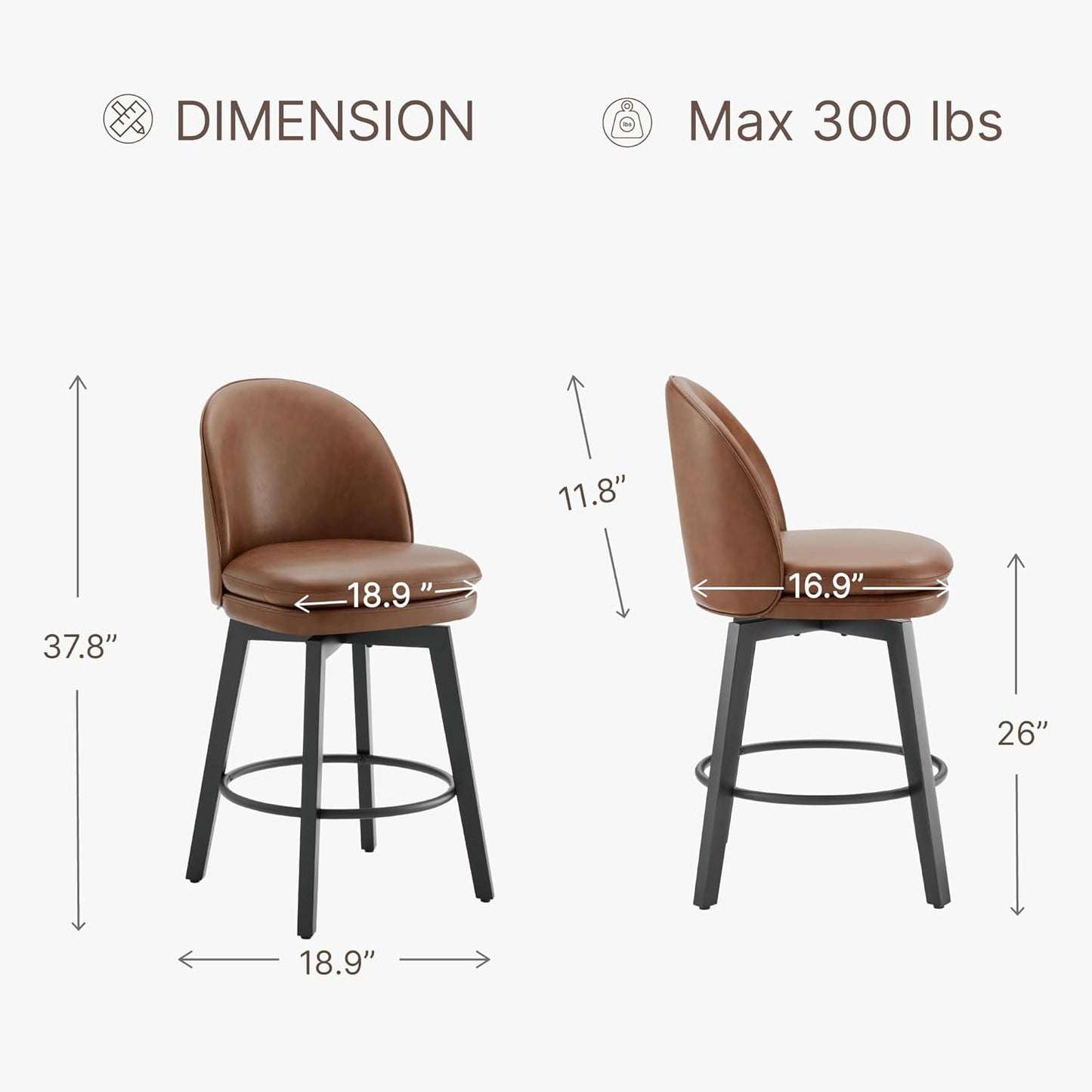 Counter Height Barstools 26 inch Upholstered Swivel Bar Stools with Back and Wood Legs for Kitchen Island,Set of 1,Brown PU Leather-Armless