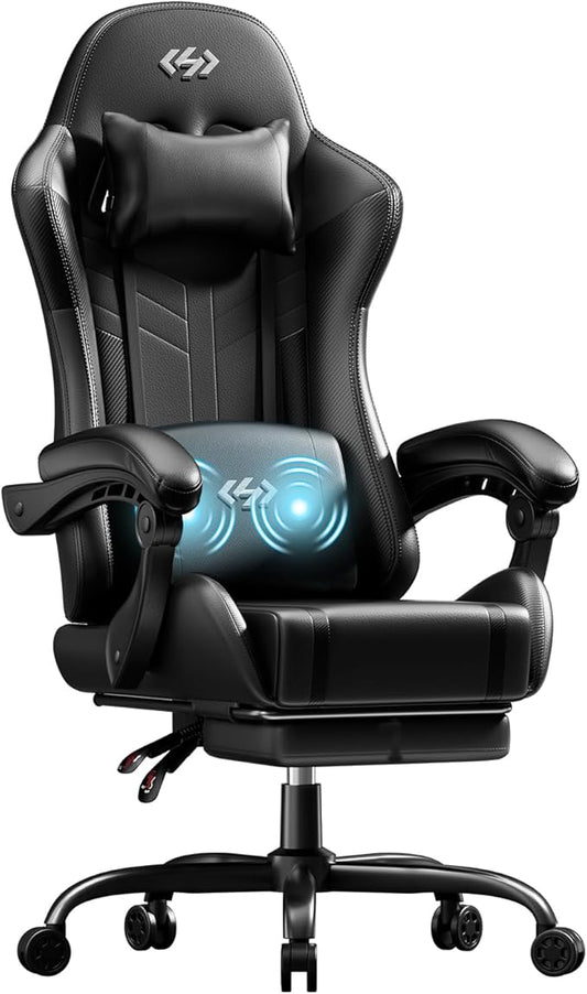 HLDIRECT Gaming Chair, Ergonomic Video Game Seat with 360° Swivel & Lumbar Massage, Computer Chair PU Leather Cushion for Adults Home/Office Use (Black)