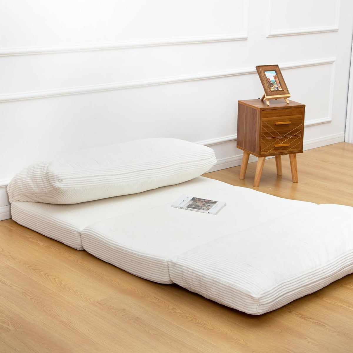 N&V Folding Matress Sofa Bean Bag Bed, Foam Filling Folding Matress Sofa, Includes Removable and Machine Washable Cover, Soft Premium Corduroy (Medium, Ivory)