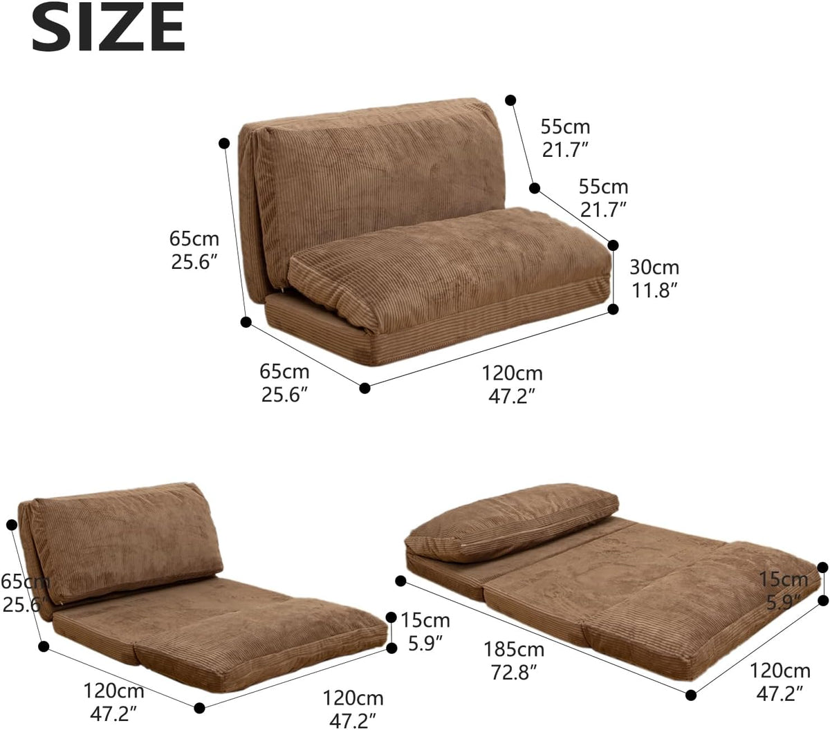 N&V Folding Matress Sofa Bean Bag Bed, Foam Filling Folding Matress Sofa, Includes Removable and Machine Washable Cover, Soft Premium Corduroy (Medium, Brown Suagr)