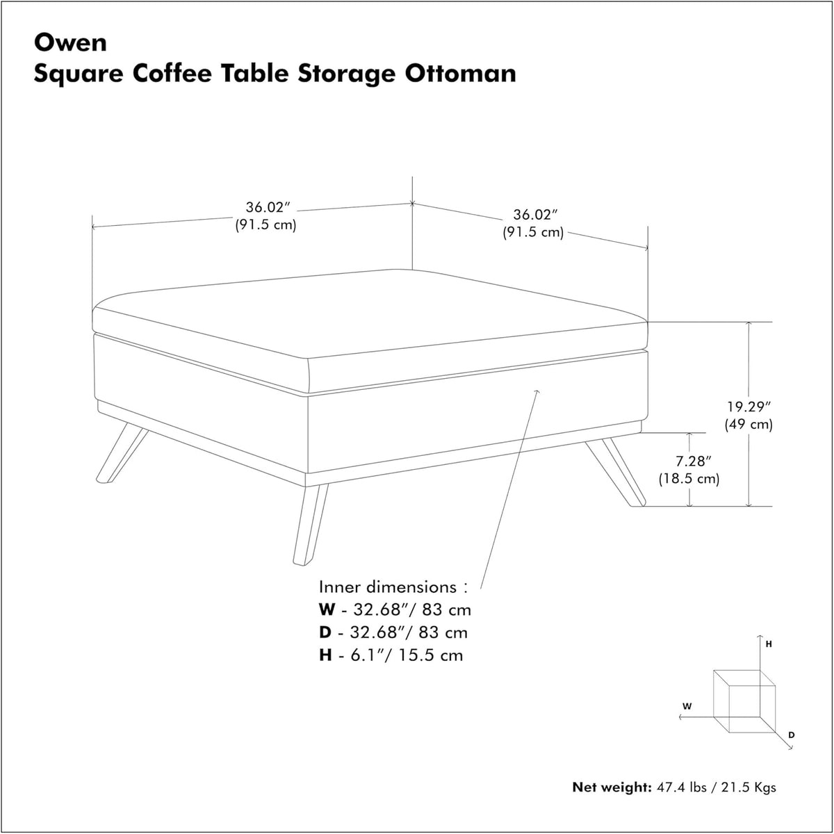 SIMPLIHOME Owen 36 inch Wide Mid Century Modern Square Coffee Table Storage Ottoman in Distressed Chestnut Brown Vegan Faux Leather, Assembled, for the Living Room, Entryway and Family Room