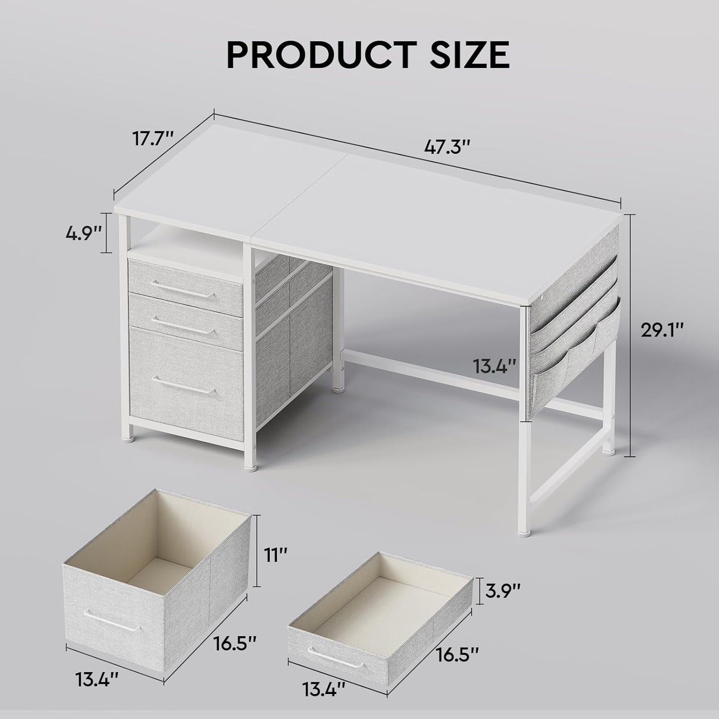 Ｍａｉｈａｉｌ Maihail Small Desk with Drawers, 47 inch Computer Desk with Shelves, Writing Desk with Storage, Small Office Desk with Metal Frame, White