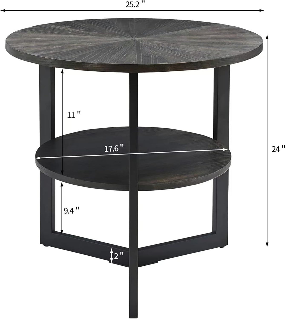 LEEMTORIG Round Side Table, Large 2-Tier End Table Nightstand with Metal Legs, Modern Bedside Couch Table for Living Room, Bedroom, Office, Rustic Black/Black, 25.2 x 25.2 x 24 inches CJZ-1338-BK