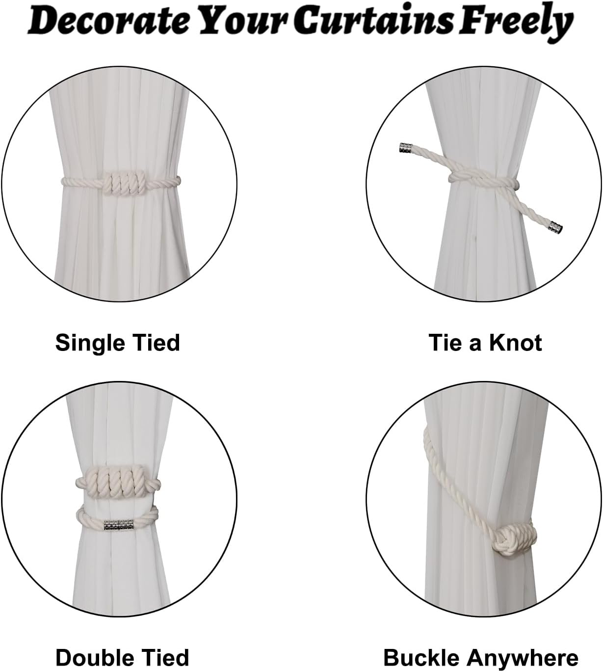 BEL AVENIR Magnetic Cotton Curtain Tiebacks, Decorative Drapery Holdbacks Modern Woven Tie-Backs with Exquisite Knot (Cotton, 6 Pack)