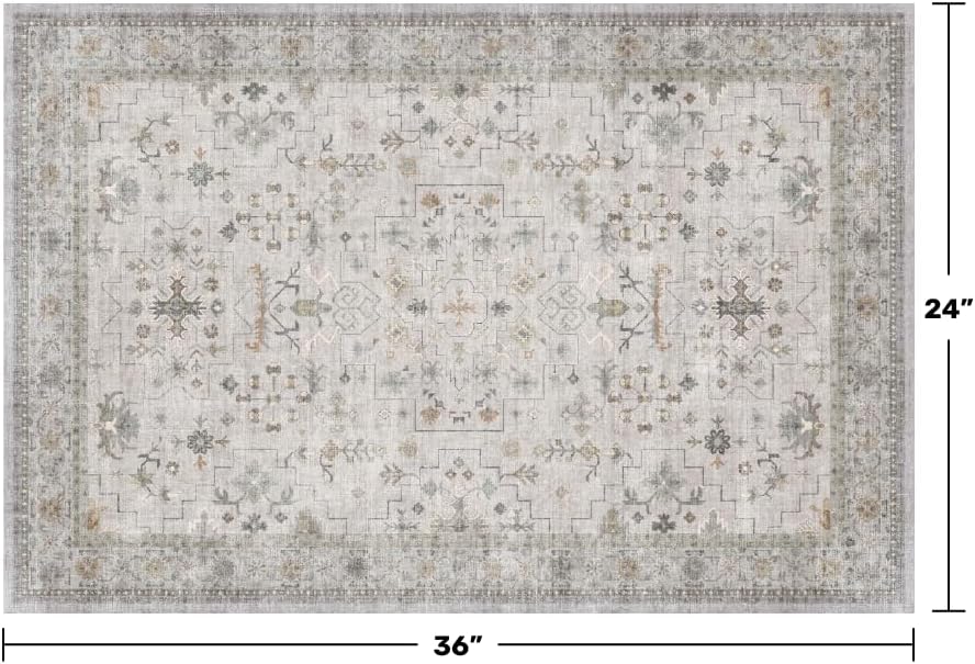 Light Grey Boho Bathroom Rug 2x3 - Modern Vintage Eclectic Floral Pastel Neutral Taupe, Washable Low Pile Non-Slip Small Throw Area Rugs for Entryway Door Mat Indoor Entrance, Kitchen