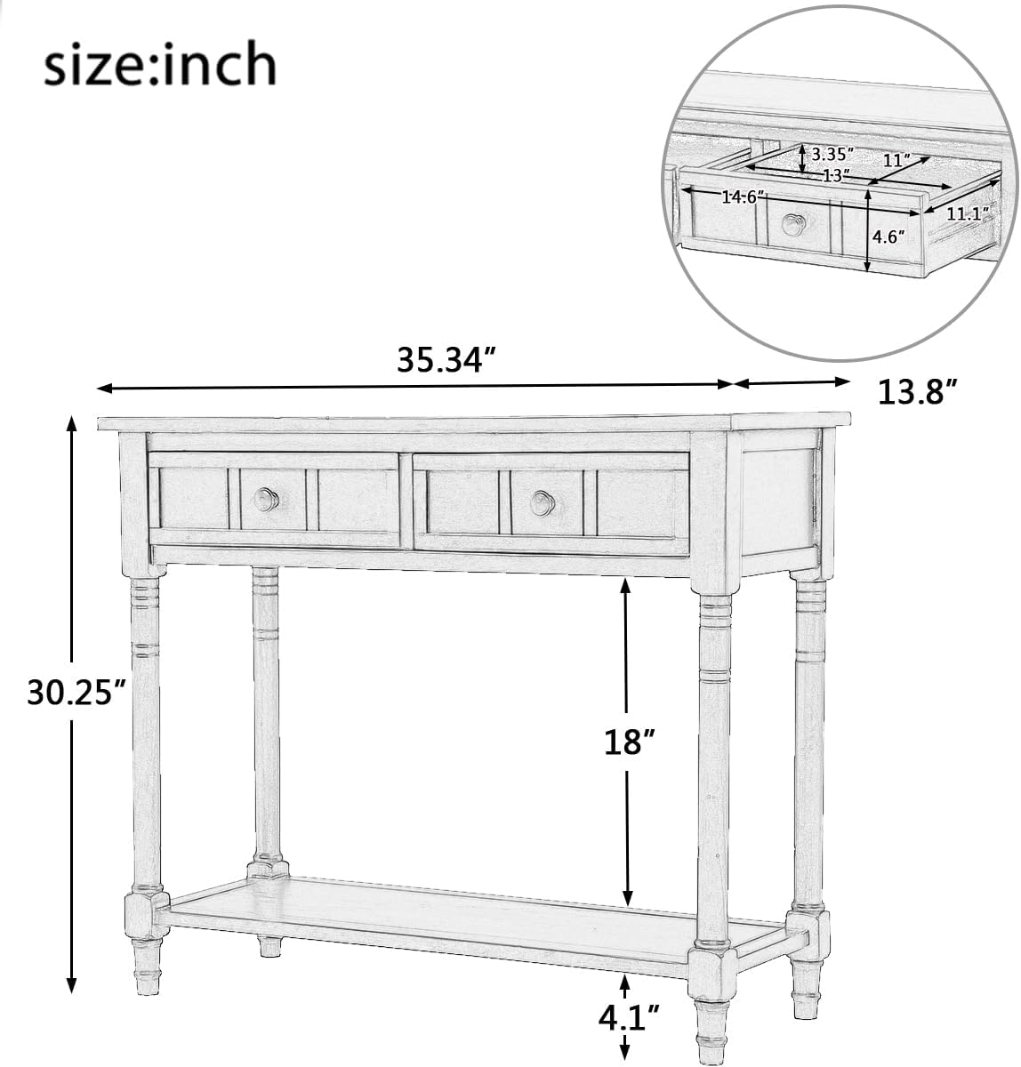 Bellemave Console Table with Drawers, Retro Entryway Table with 2 Drawers and Open Storage Shelf, Narrow Long Sofa Table, Behind Couch Table for Living Room, Foyer and Hallway, Retro Grey