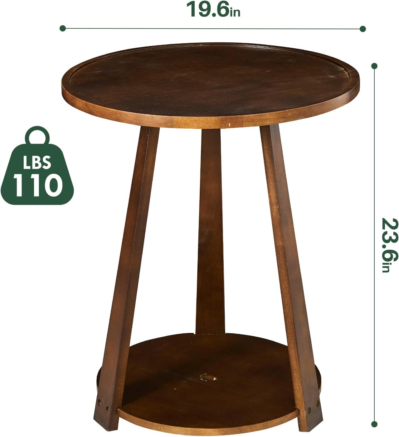 Round Solid Wood Side Table - Small Round Wooden End Table, Modern Living Room Side Beside Tables with Shelf for Couch Sofa Armchair Office Bedroom, Walnut, 19.6 in x 19.6 in x 23.6 in